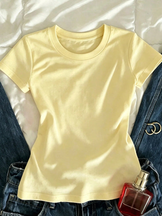 IslaSuriya Women's Solid Color Round Neck Casual Versatile Daily Wear Short Sleeve T-Shirt