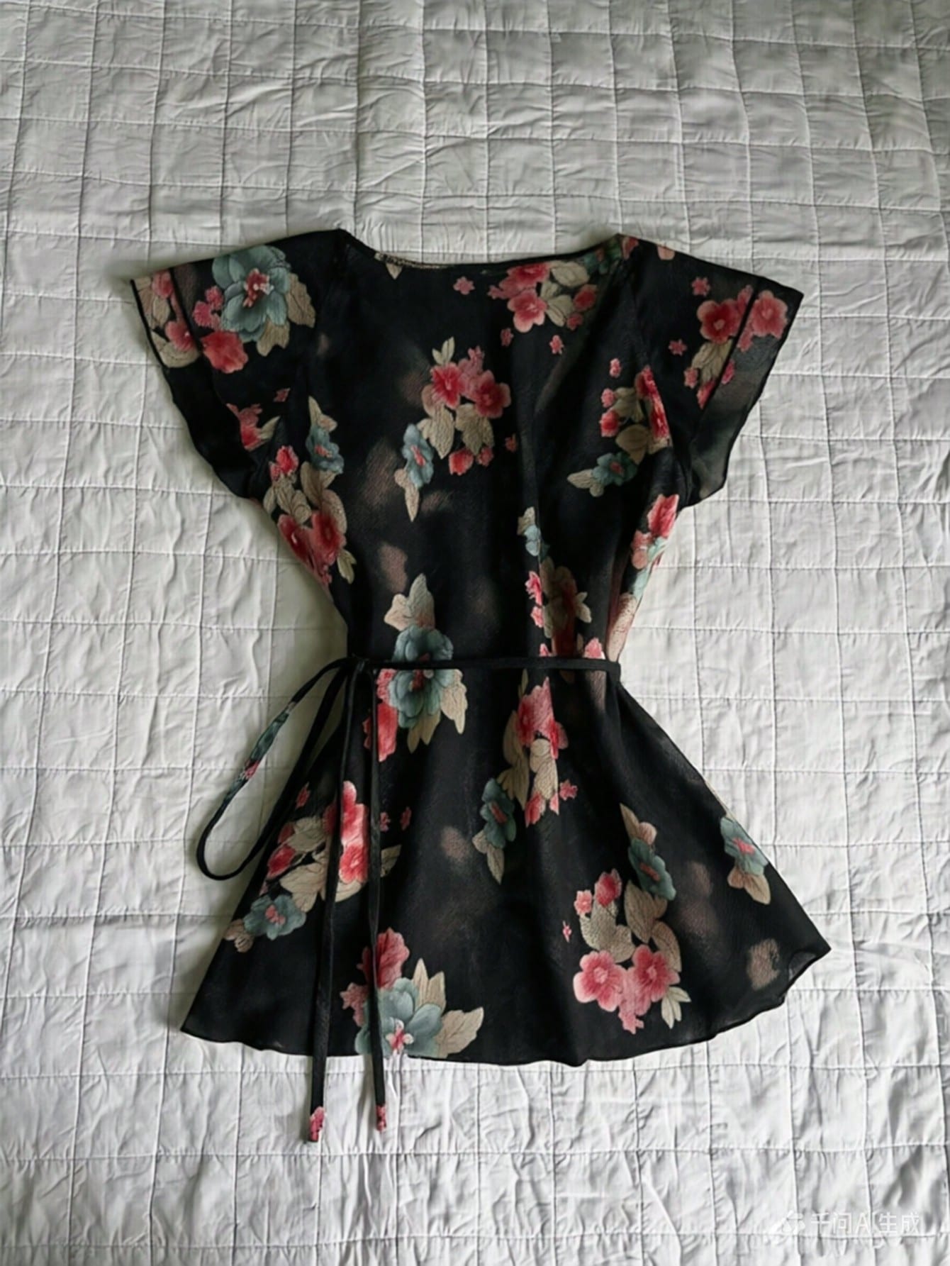 IslaSuriya Women's Spring/Summer New Floral Print V-Neck Bow Tie Waist Flutter Sleeve Blouse