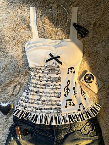 IslaSuriya Y2K Sweet Adorable Fairytale-Inspired Slim-Fit Crop Top,Sheet Music And Musical Note Prints,Cute Bow,White And Black Polka Dot,Summer,Cute,Date