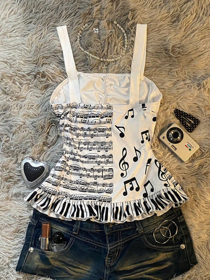 IslaSuriya Y2K Sweet Adorable Fairytale-Inspired Slim-Fit Crop Top,Sheet Music And Musical Note Prints,Cute Bow,White And Black Polka Dot,Summer,Cute,Date