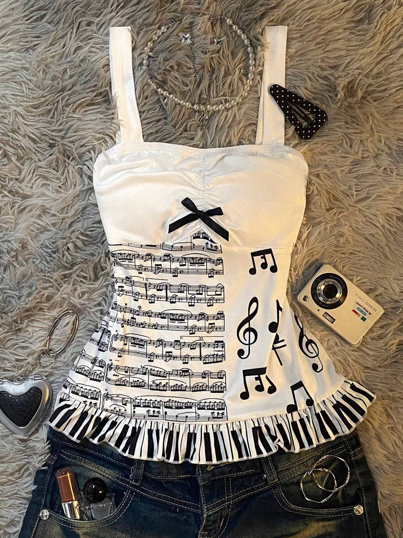 IslaSuriya Y2K Sweet Adorable Fairytale-Inspired Slim-Fit Crop Top,Sheet Music And Musical Note Prints,Cute Bow,White And Black Polka Dot,Summer,Cute,Date
