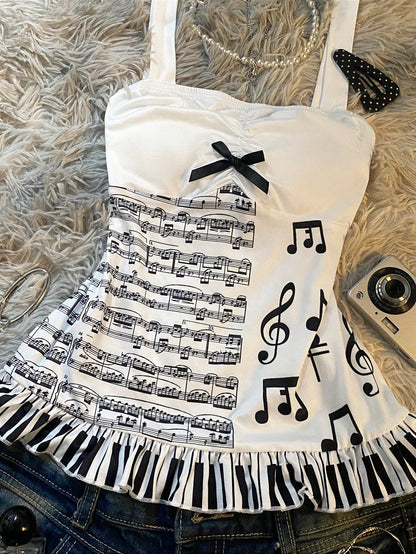 IslaSuriya Y2K Sweet Adorable Fairytale-Inspired Slim-Fit Crop Top,Sheet Music And Musical Note Prints,Cute Bow,White And Black Polka Dot,Summer,Cute,Date
