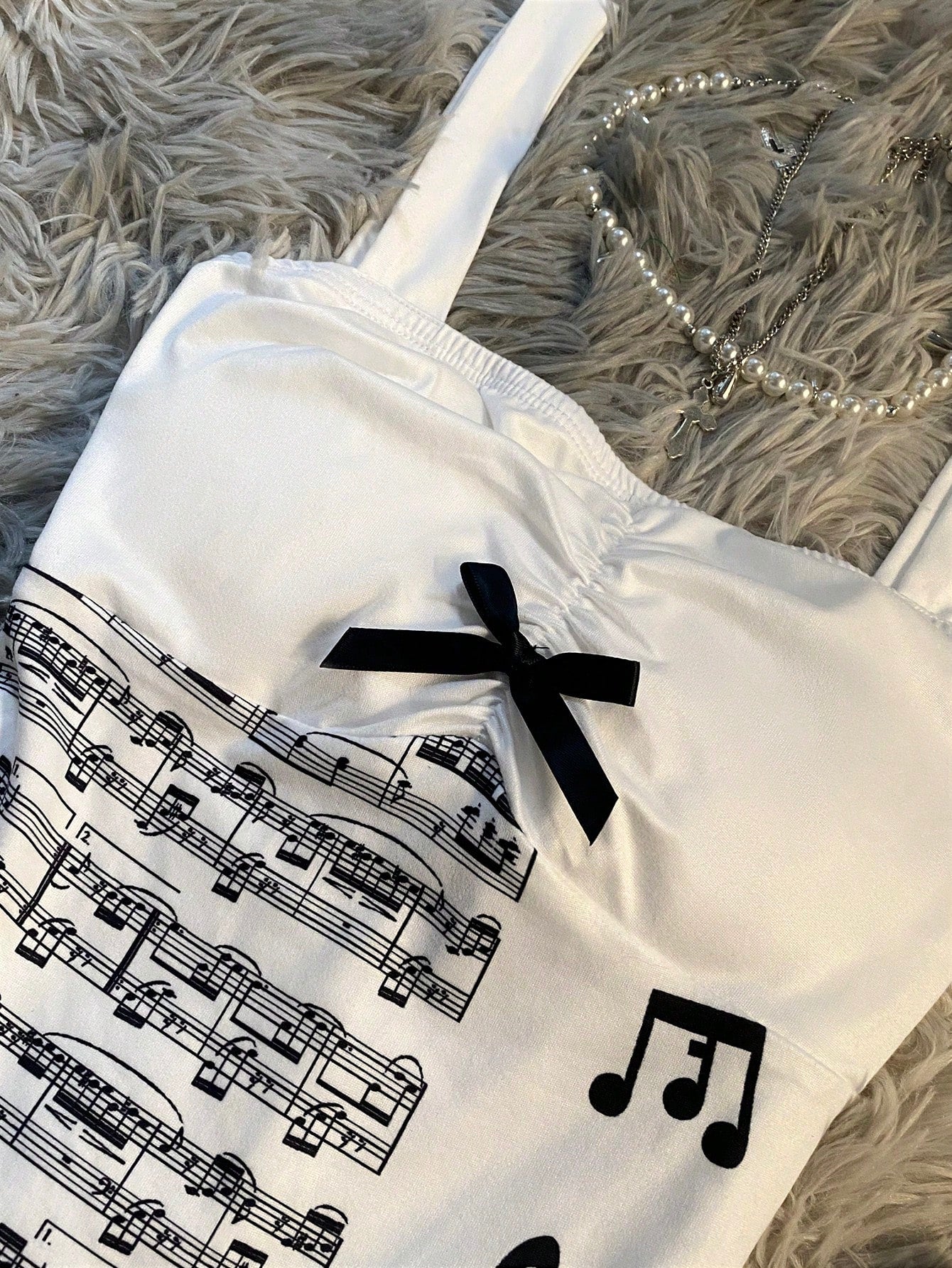 IslaSuriya Y2K Sweet Adorable Fairytale-Inspired Slim-Fit Crop Top,Sheet Music And Musical Note Prints,Cute Bow,White And Black Polka Dot,Summer,Cute,Date