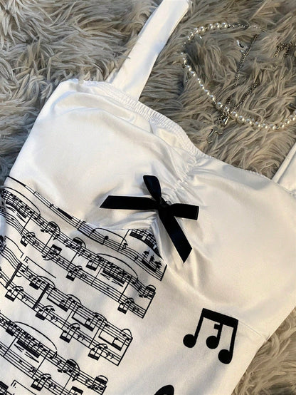 IslaSuriya Y2K Sweet Adorable Fairytale-Inspired Slim-Fit Crop Top,Sheet Music And Musical Note Prints,Cute Bow,White And Black Polka Dot,Summer,Cute,Date