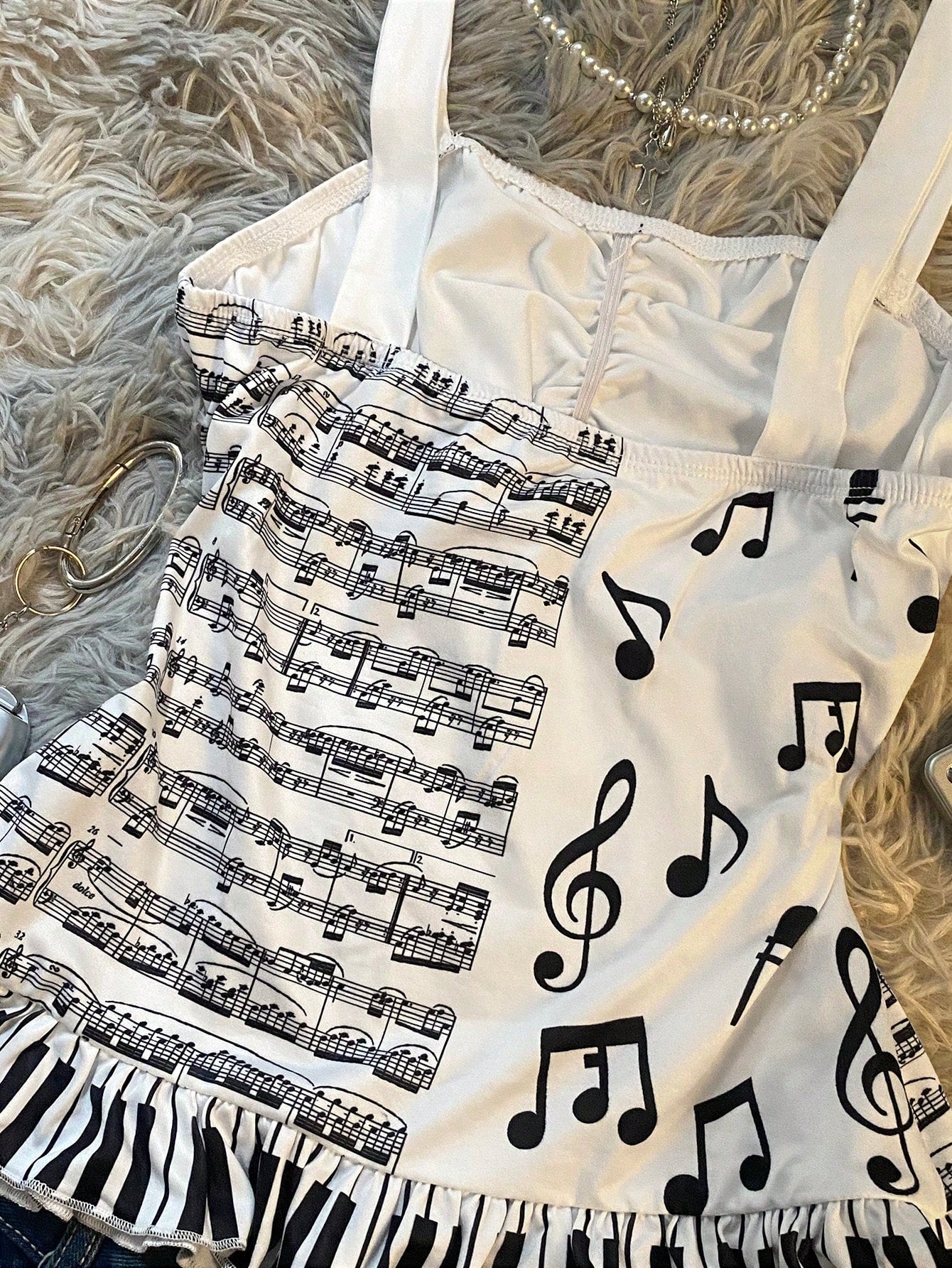 IslaSuriya Y2K Sweet Adorable Fairytale-Inspired Slim-Fit Crop Top,Sheet Music And Musical Note Prints,Cute Bow,White And Black Polka Dot,Summer,Cute,Date