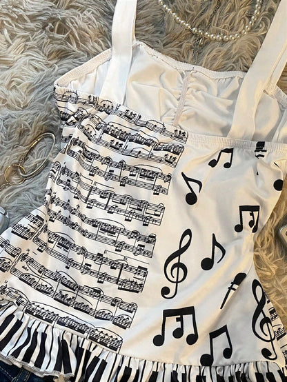IslaSuriya Y2K Sweet Adorable Fairytale-Inspired Slim-Fit Crop Top,Sheet Music And Musical Note Prints,Cute Bow,White And Black Polka Dot,Summer,Cute,Date