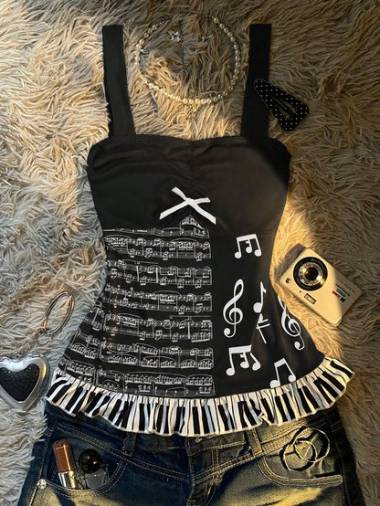 IslaSuriya Y2K Sweet Adorable Fairytale-Inspired Slim-Fit Crop Top,Sheet Music And Musical Note Prints,Cute Bow,White And Black Polka Dot,Summer,Cute,Date