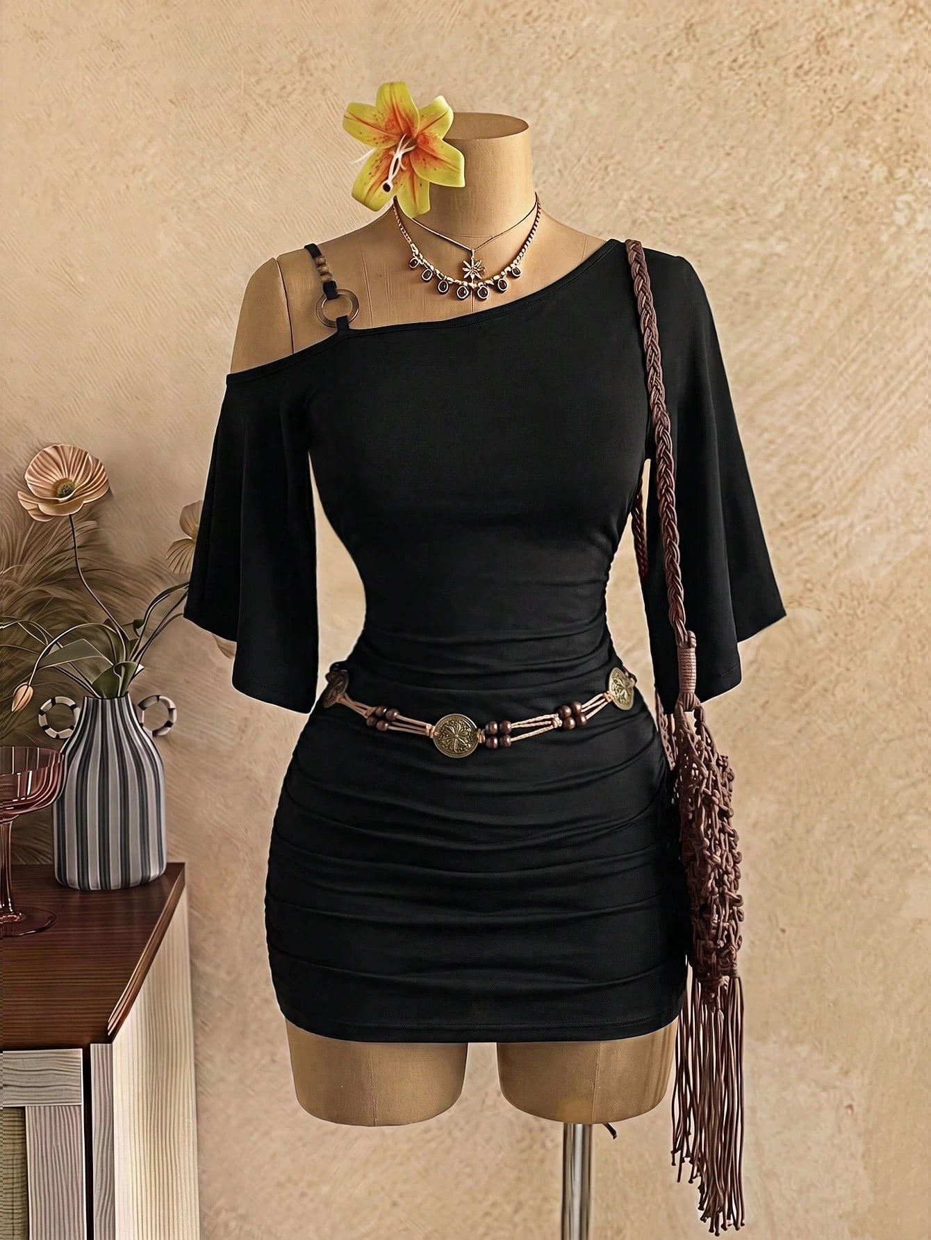 Jeanoix 2026 Spring/Summer New Sexy Asymmetric Neck Strap Decor Asymmetric Flare Sleeve Ruched Bodycon Mini Dress For Women