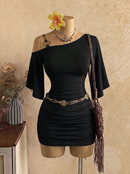 Jeanoix 2026 Spring/Summer New Sexy Asymmetric Neck Strap Decor Asymmetric Flare Sleeve Ruched Bodycon Mini Dress For Women