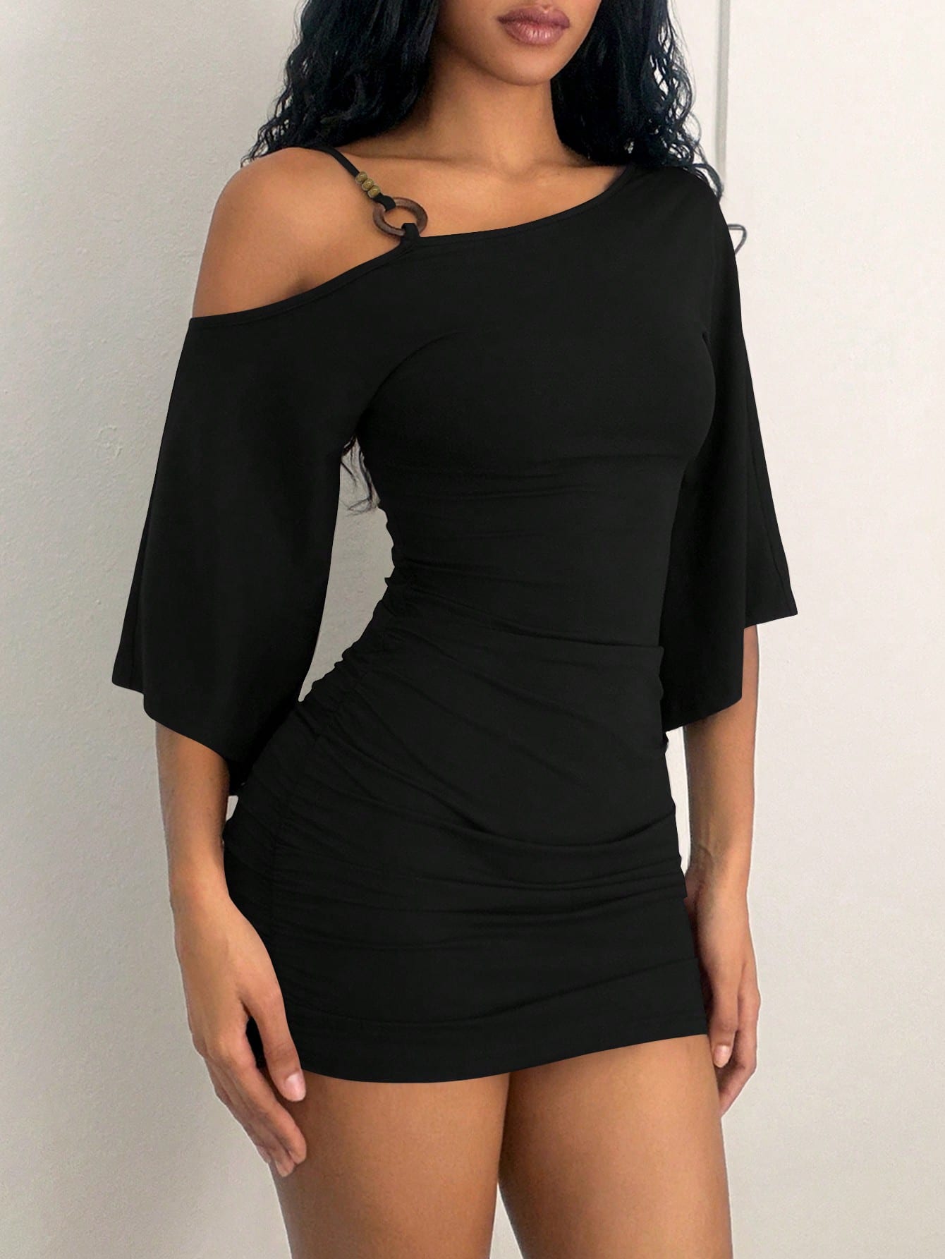 Jeanoix 2026 Spring/Summer New Sexy Asymmetric Neck Strap Decor Asymmetric Flare Sleeve Ruched Bodycon Mini Dress For Women
