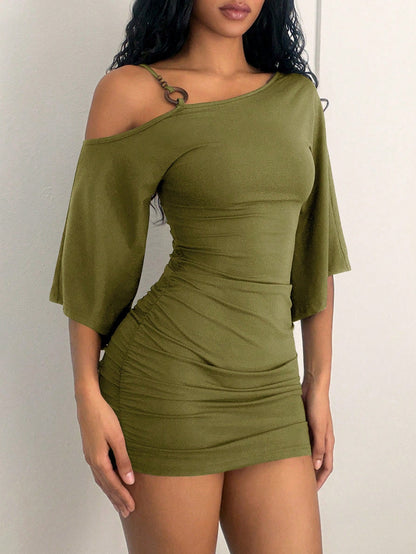 Jeanoix 26 Spring/Summer New Sexy Asymmetric Neck Spaghetti Strap Ring Decor Flared Sleeve Fitted Ruched Mini Dress For Women
