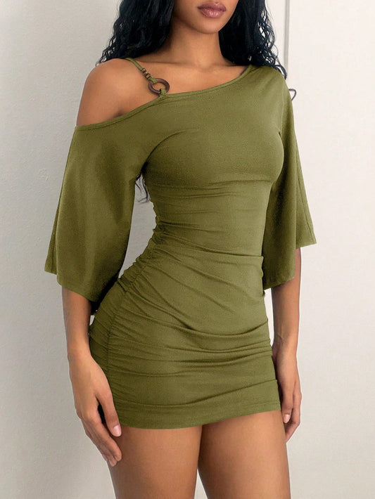 Jeanoix 26 Spring/Summer New Sexy Asymmetric Neck Spaghetti Strap Ring Decor Flared Sleeve Fitted Ruched Mini Dress For Women