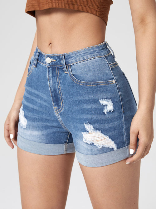 Jeanoix Ripped Roll Up Hem Denim Shorts