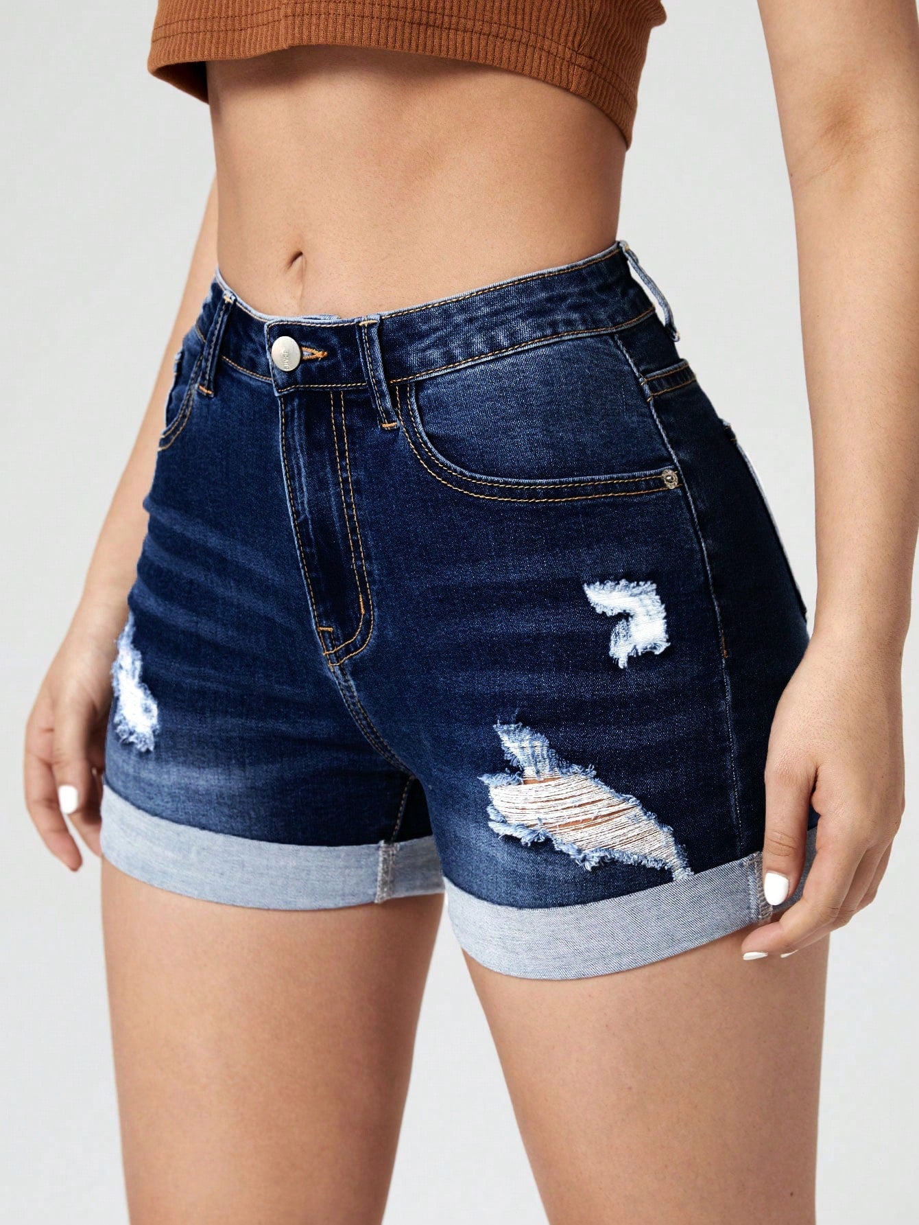 Jeanoix Ripped Roll Up Hem Denim Shorts
