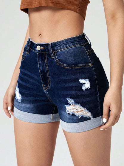 Jeanoix Ripped Roll Up Hem Denim Shorts