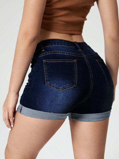 Jeanoix Ripped Roll Up Hem Denim Shorts