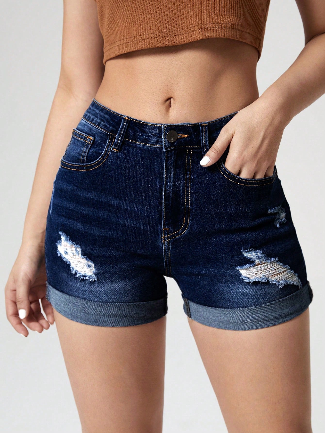 Jeanoix Ripped Roll Up Hem Denim Shorts