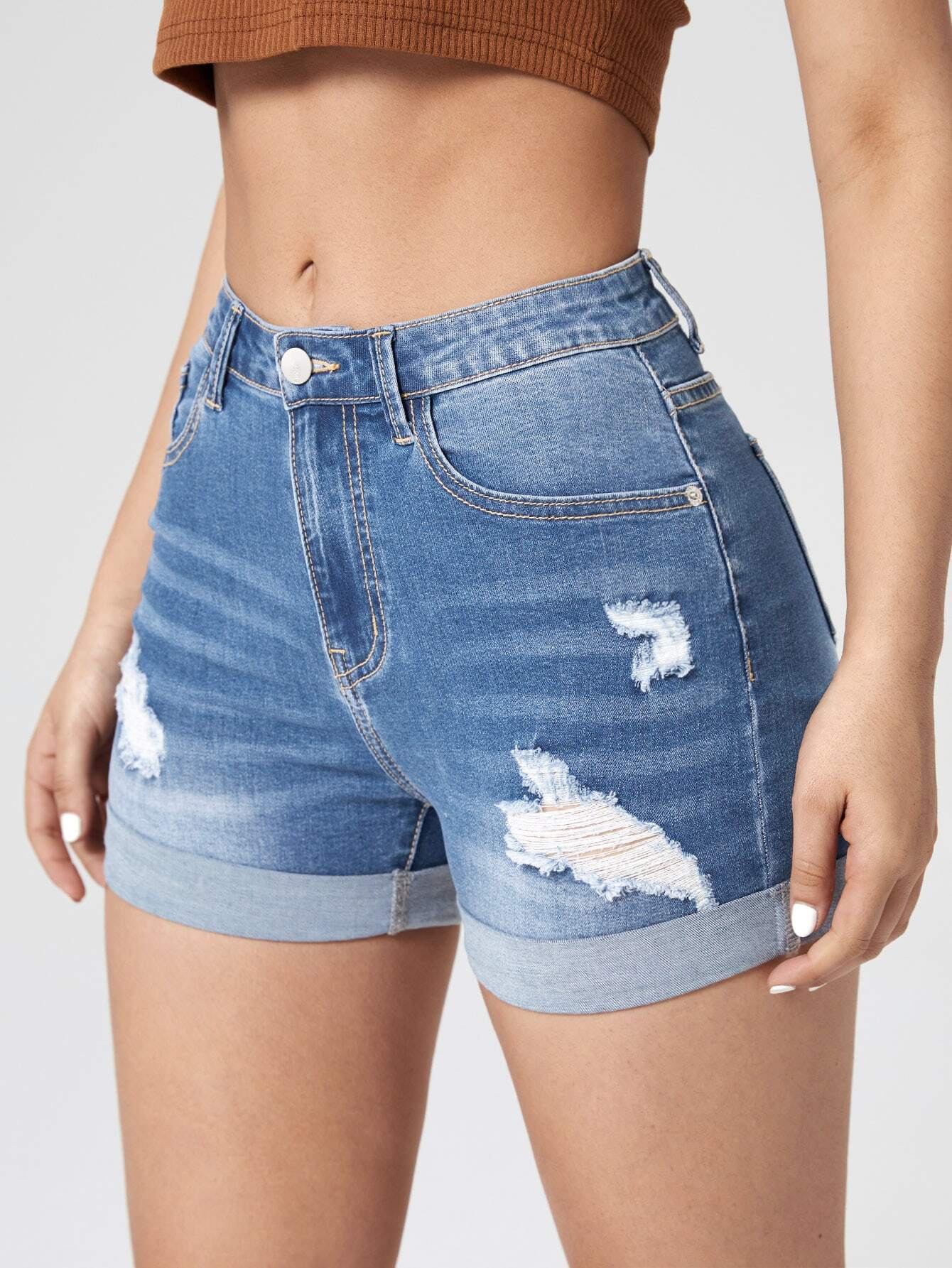 Jeanoix Ripped Roll Up Hem Denim Shorts