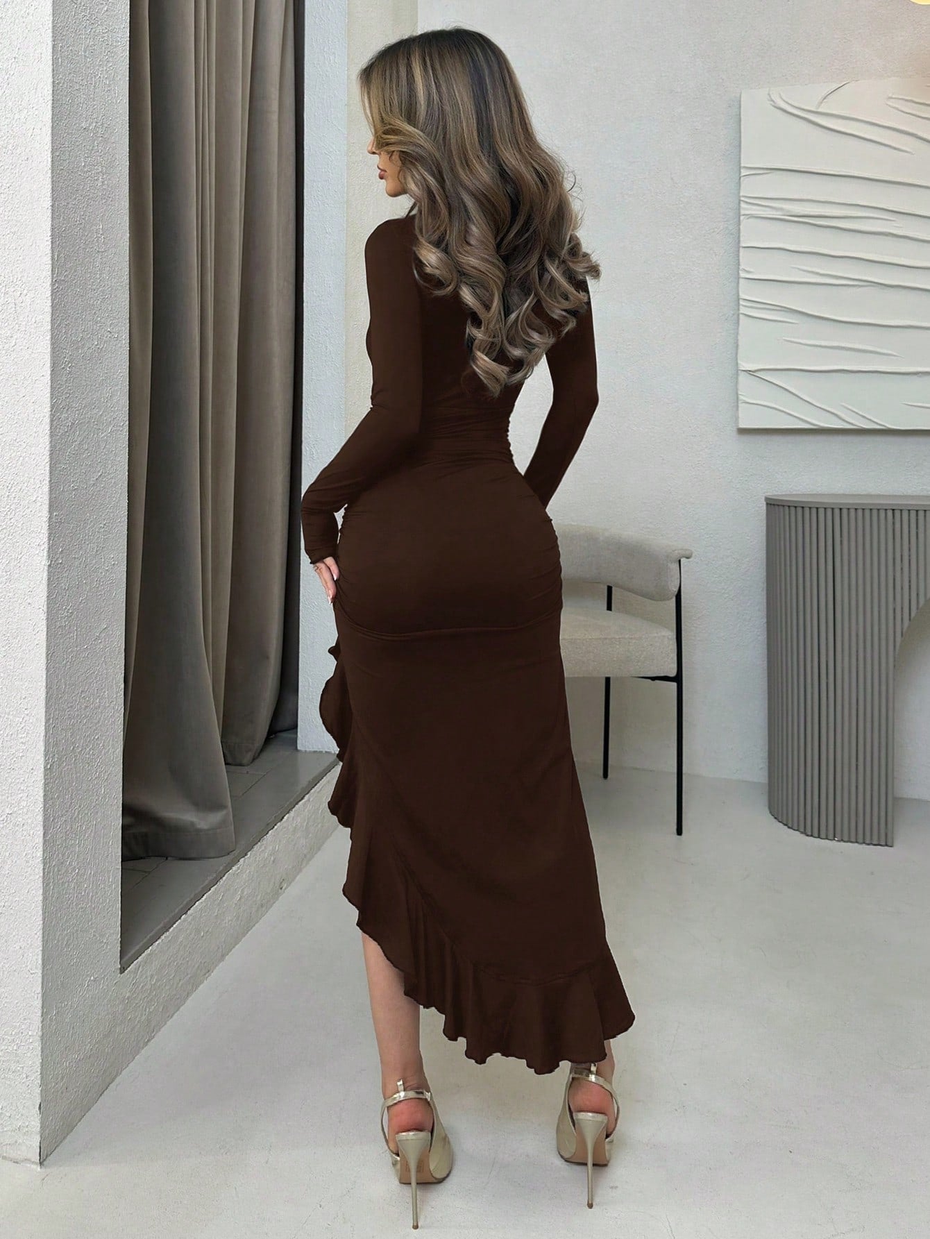 Jemour Women's Sexy Solid Color Brown High Slit Fitted Long Sleeve Brown Fall Dress, Spring Autumn,Petite Women