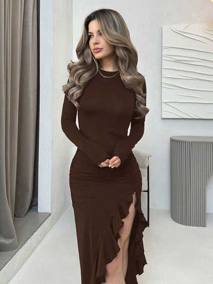 Jemour Women's Sexy Solid Color Brown High Slit Fitted Long Sleeve Brown Fall Dress, Spring Autumn,Petite Women