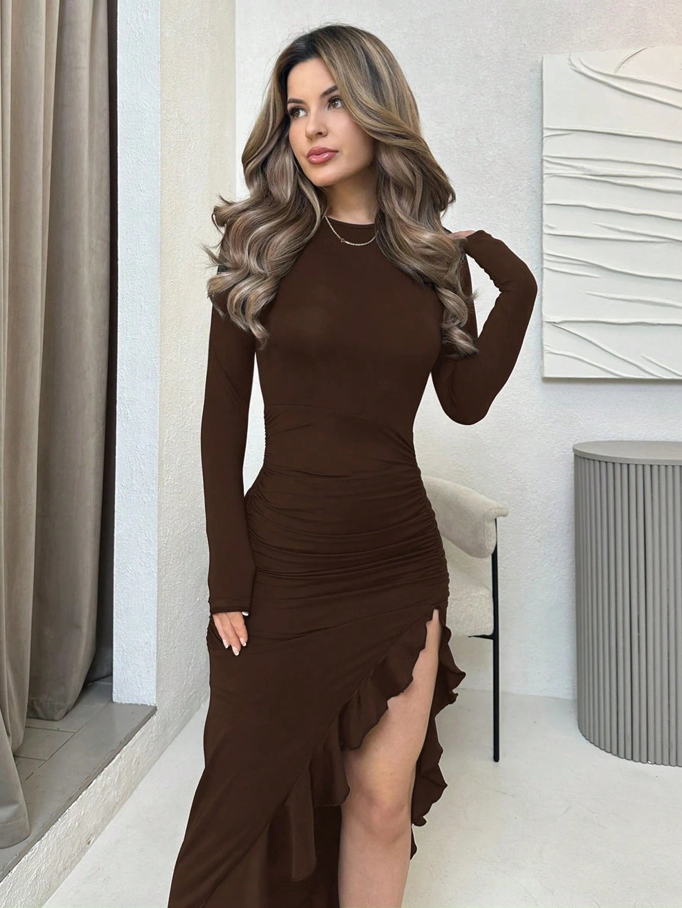 Jemour Women's Sexy Solid Color Brown High Slit Fitted Long Sleeve Brown Fall Dress, Spring Autumn,Petite Women