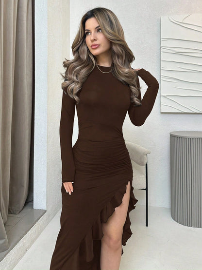 Jemour Women's Sexy Solid Color Brown High Slit Fitted Long Sleeve Brown Fall Dress, Spring Autumn,Petite Women