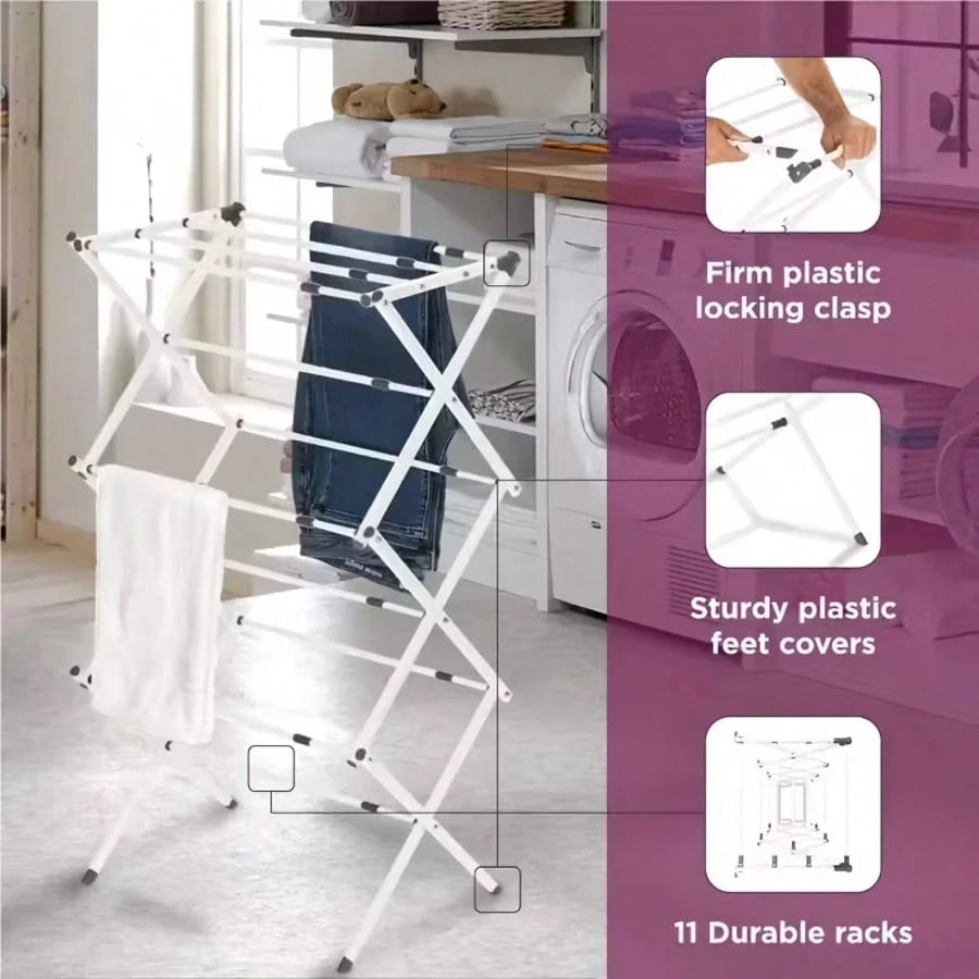 JIASLING Essentials Folding Clothes Drying Rack With Strong Steel Frame And 11 Coated Dowels, White