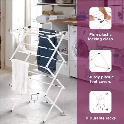 JIASLING Essentials Folding Clothes Drying Rack With Strong Steel Frame And 11 Coated Dowels, White