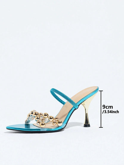 Jin Bei Qi Women's Pointed Toe High Heel Sandals With Instep Strap, Open Toe Multiple Round Decor Cross Strap Mule Shoes, Elegant Fashion Sexy Romantic Glamorous Women's Shoes, Suitable For Party Gath