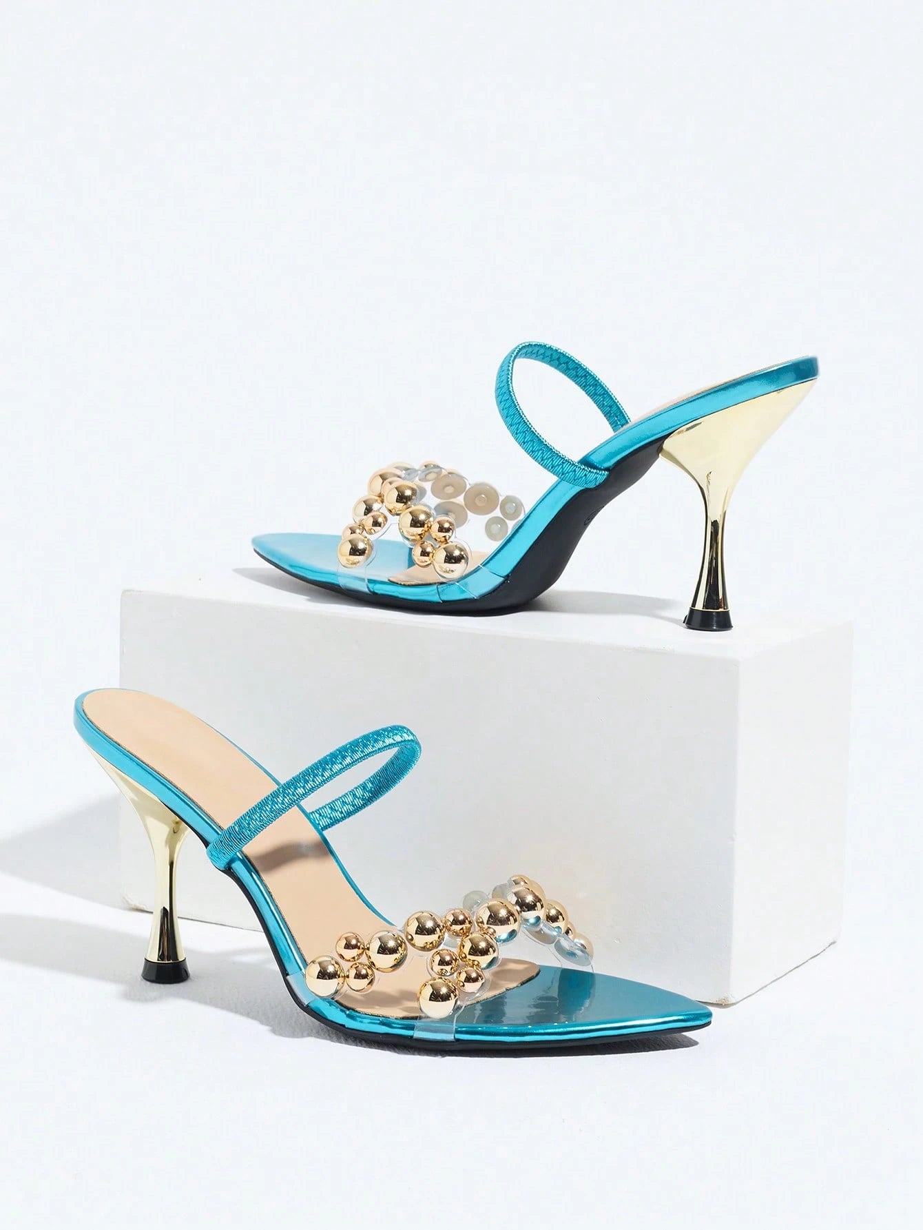 Jin Bei Qi Women's Pointed Toe High Heel Sandals With Instep Strap, Open Toe Multiple Round Decor Cross Strap Mule Shoes, Elegant Fashion Sexy Romantic Glamorous Women's Shoes, Suitable For Party Gath