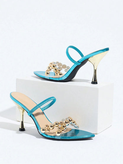 Jin Bei Qi Women's Pointed Toe High Heel Sandals With Instep Strap, Open Toe Multiple Round Decor Cross Strap Mule Shoes, Elegant Fashion Sexy Romantic Glamorous Women's Shoes, Suitable For Party Gath