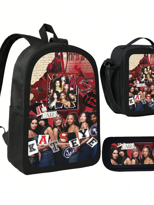 KATSEYE Backpack 3-Piece Set Cartoon Fun Backpack Pencil Case & Lunch Bag Three-Piece School Gear