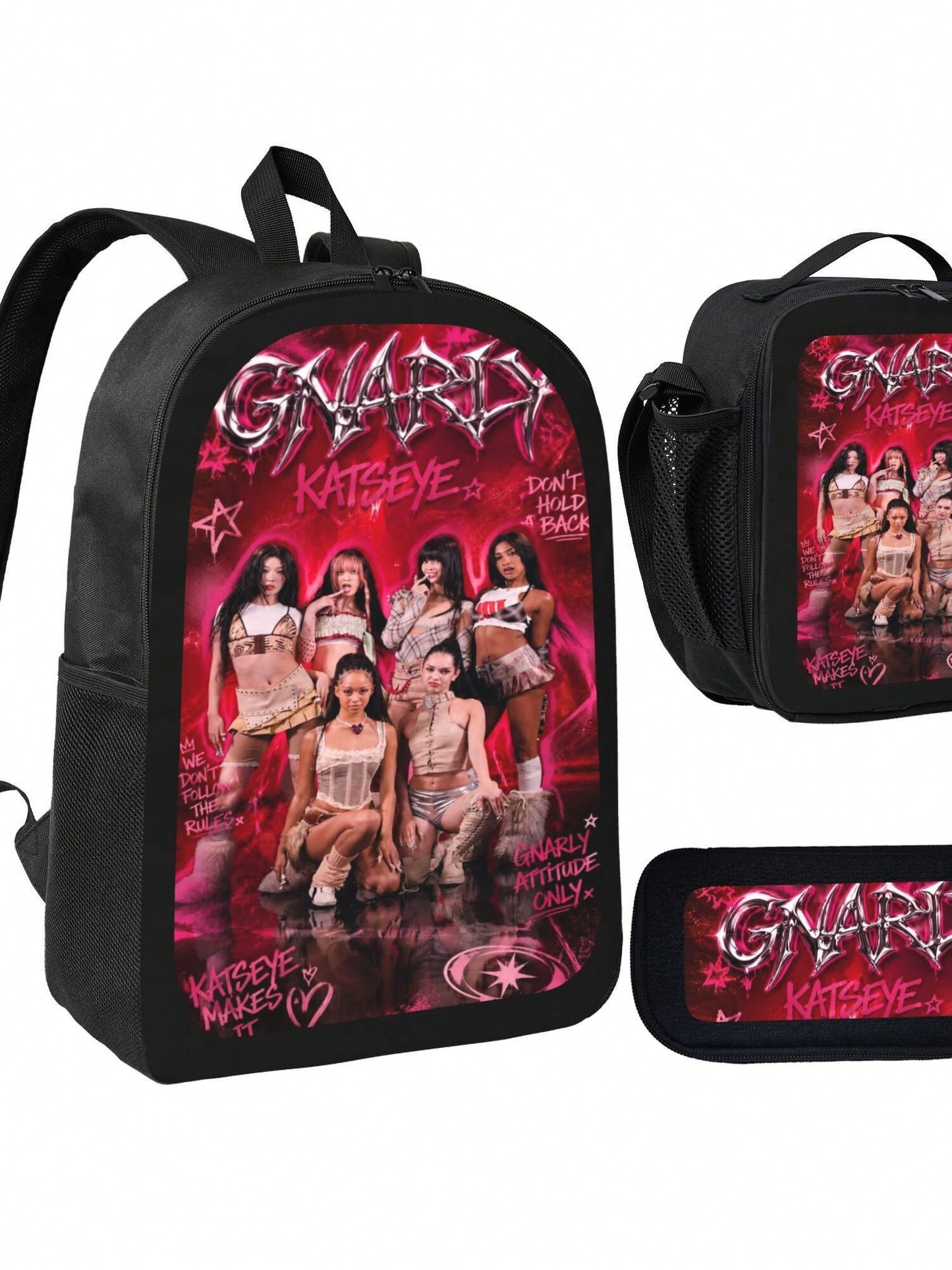 KATSEYE Backpack 3-Piece Set Cartoon Fun Backpack Pencil Case & Lunch Bag Three-Piece School Gear