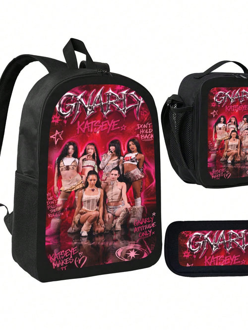 KATSEYE Backpack 3-Piece Set Cartoon Fun Backpack Pencil Case & Lunch Bag Three-Piece School Gear