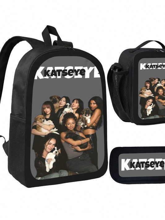 KATSEYE Backpack 3-Piece Set Cartoon Fun Backpack Pencil Case & Lunch Bag Three-Piece School Gear
