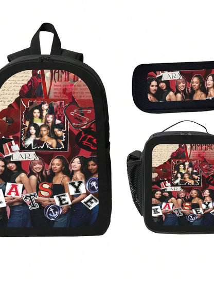 KATSEYE Backpack 3-Piece Set Cartoon Fun Backpack Pencil Case & Lunch Bag Three-Piece School Gear