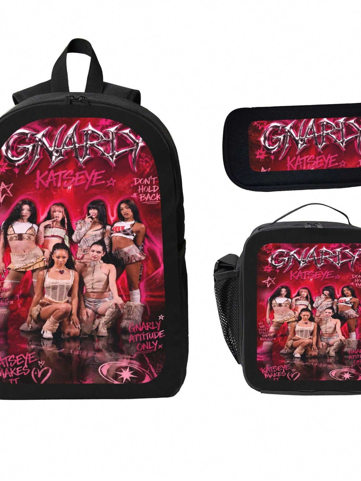 KATSEYE Backpack 3-Piece Set Cartoon Fun Backpack Pencil Case & Lunch Bag Three-Piece School Gear
