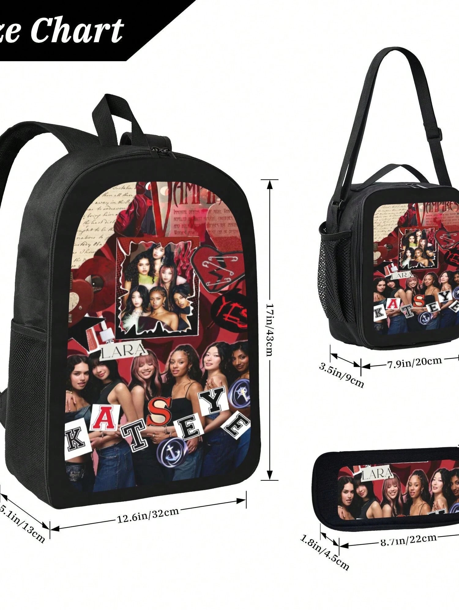 KATSEYE Backpack 3-Piece Set Cartoon Fun Backpack Pencil Case & Lunch Bag Three-Piece School Gear