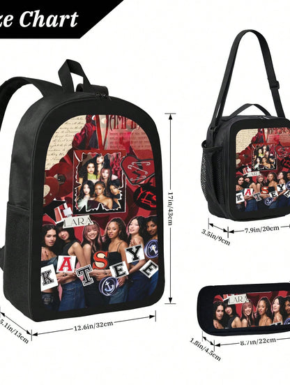 KATSEYE Backpack 3-Piece Set Cartoon Fun Backpack Pencil Case & Lunch Bag Three-Piece School Gear