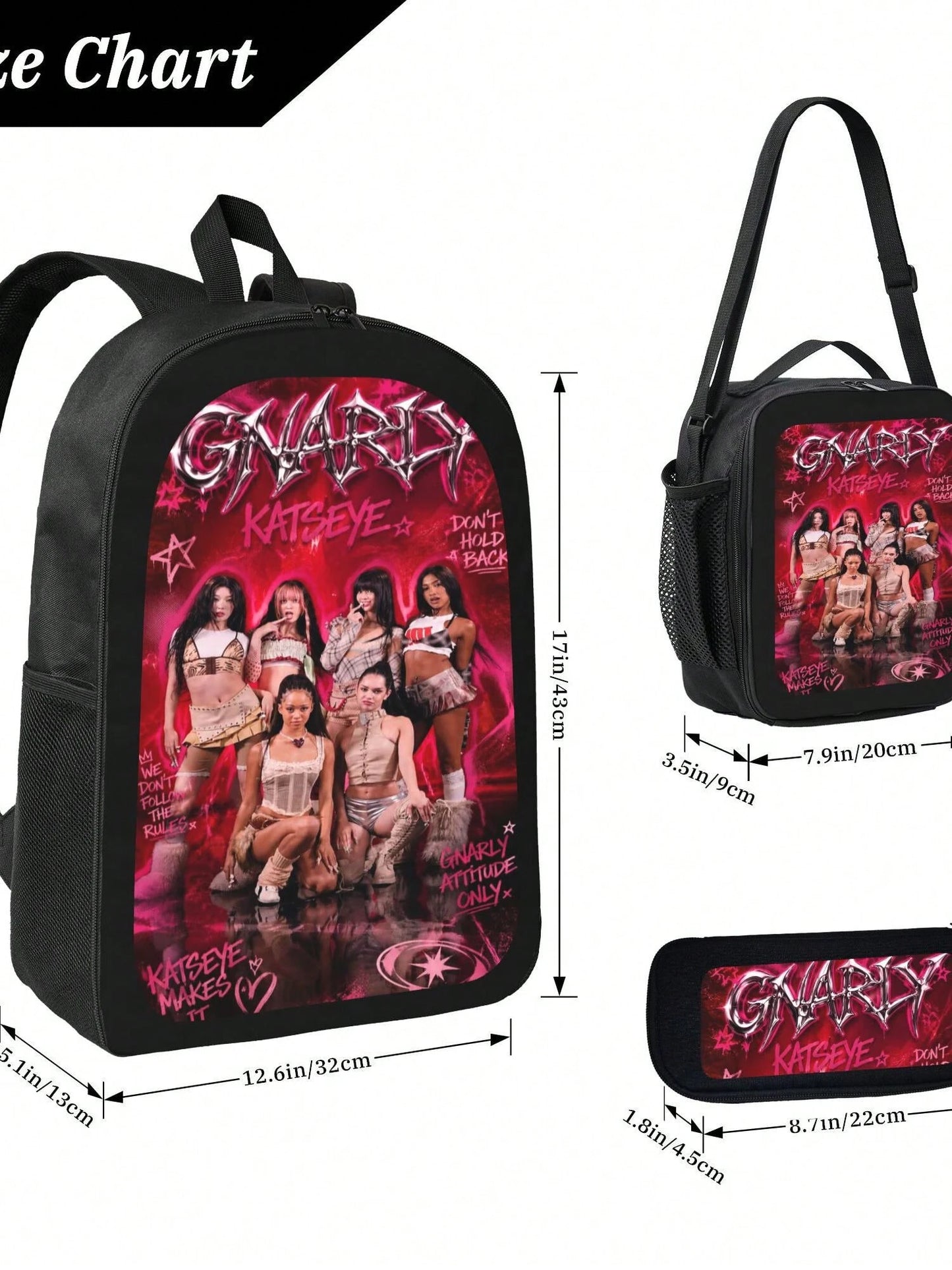 KATSEYE Backpack 3-Piece Set Cartoon Fun Backpack Pencil Case & Lunch Bag Three-Piece School Gear
