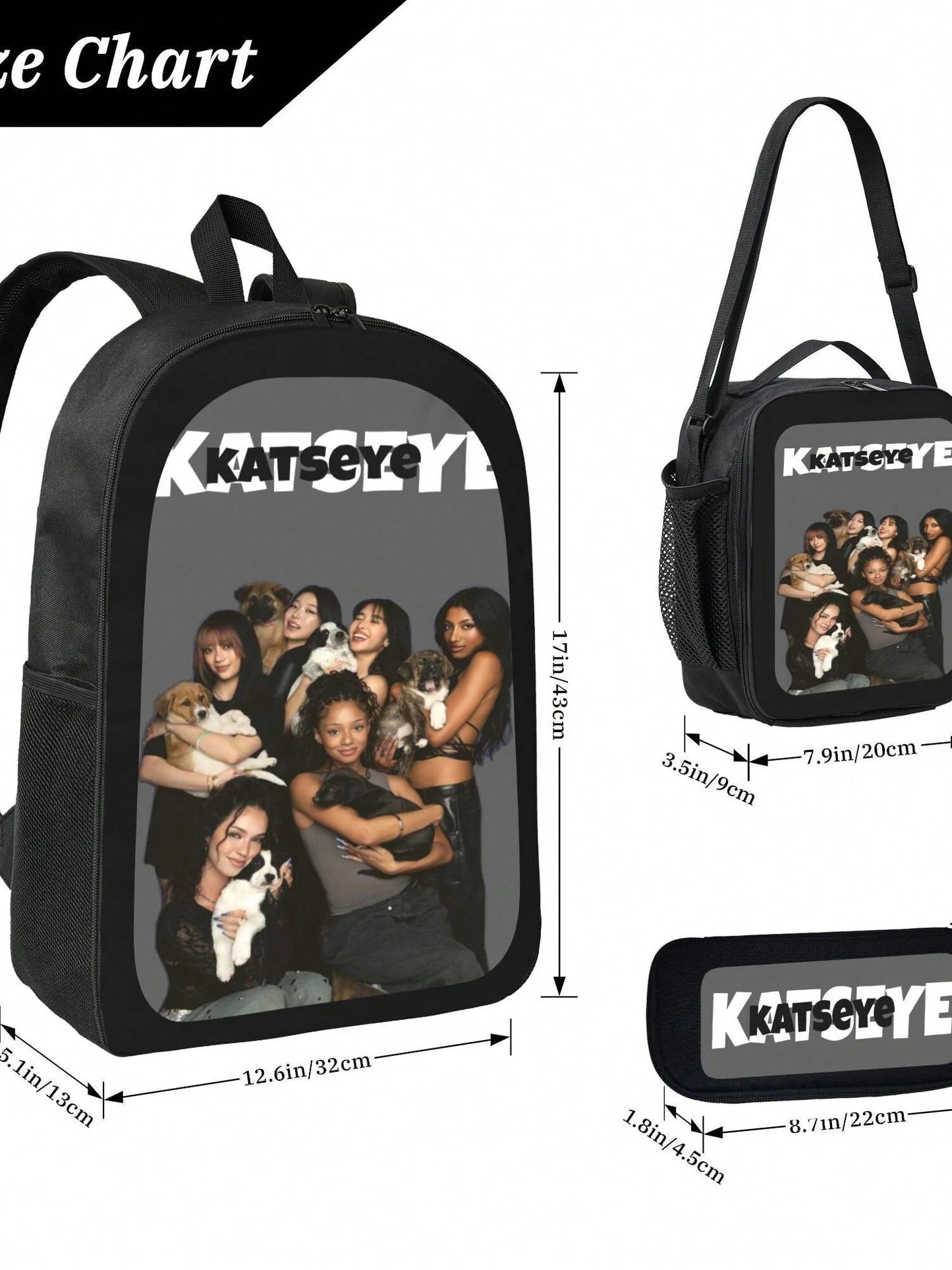 KATSEYE Backpack 3-Piece Set Cartoon Fun Backpack Pencil Case & Lunch Bag Three-Piece School Gear