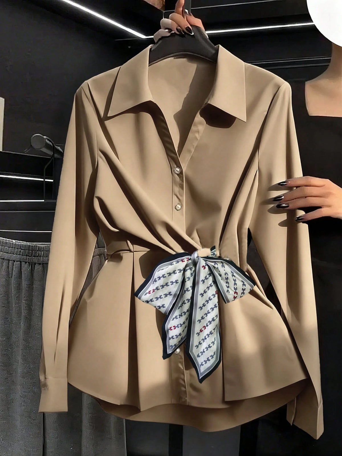 Khaki Long Sleeve Cinched Waist Elegant Slim Fit Shirt For Women, Suitable For Commuting And Going Out, Spring/Summer