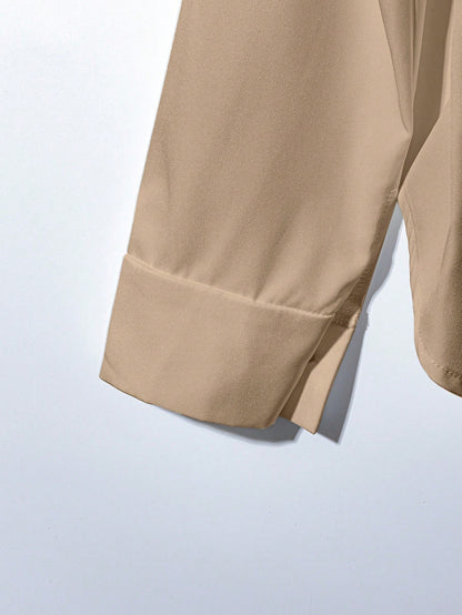 Khaki Long Sleeve Cinched Waist Elegant Slim Fit Shirt For Women, Suitable For Commuting And Going Out, Spring/Summer