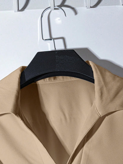 Khaki Long Sleeve Cinched Waist Elegant Slim Fit Shirt For Women, Suitable For Commuting And Going Out, Spring/Summer