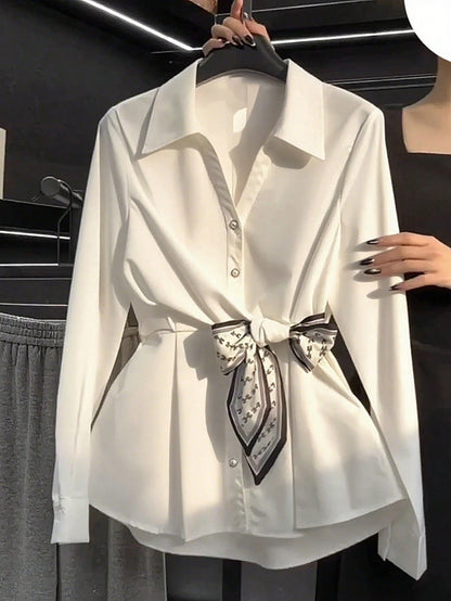 Khaki Long Sleeve Cinched Waist Elegant Slim Fit Shirt For Women, Suitable For Commuting And Going Out, Spring/Summer