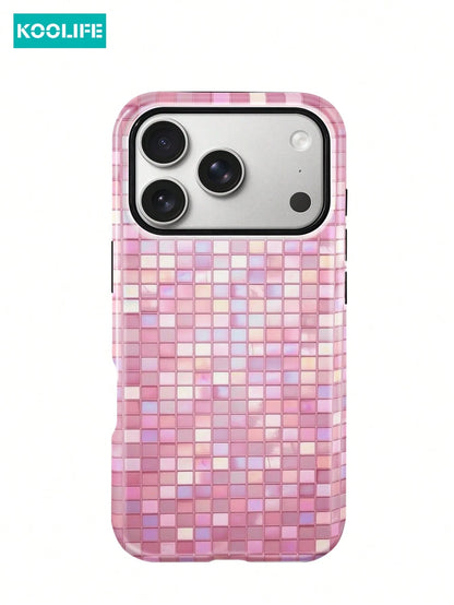 Koolife 1pc Pink Colorful Mosaic Grid Phone Case, 2-In-1 Phone Case, PC+TPU Material, Glossy Hard Shell, Glitter Tile Pattern Anti-Scratch Anti-Drop Protective Cover, For Phone18pro/18pro Max/17/17pro