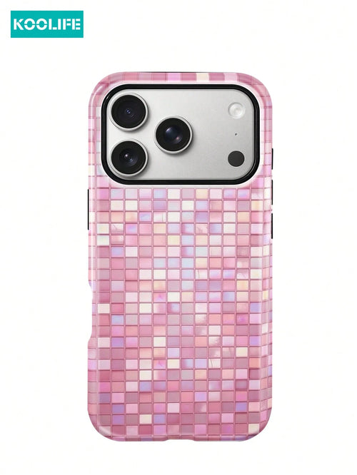 Koolife 1pc Pink Colorful Mosaic Grid Phone Case, 2-In-1 Phone Case, PC+TPU Material, Glossy Hard Shell, Glitter Tile Pattern Anti-Scratch Anti-Drop Protective Cover, For Phone18pro/18pro Max/17/17pro
