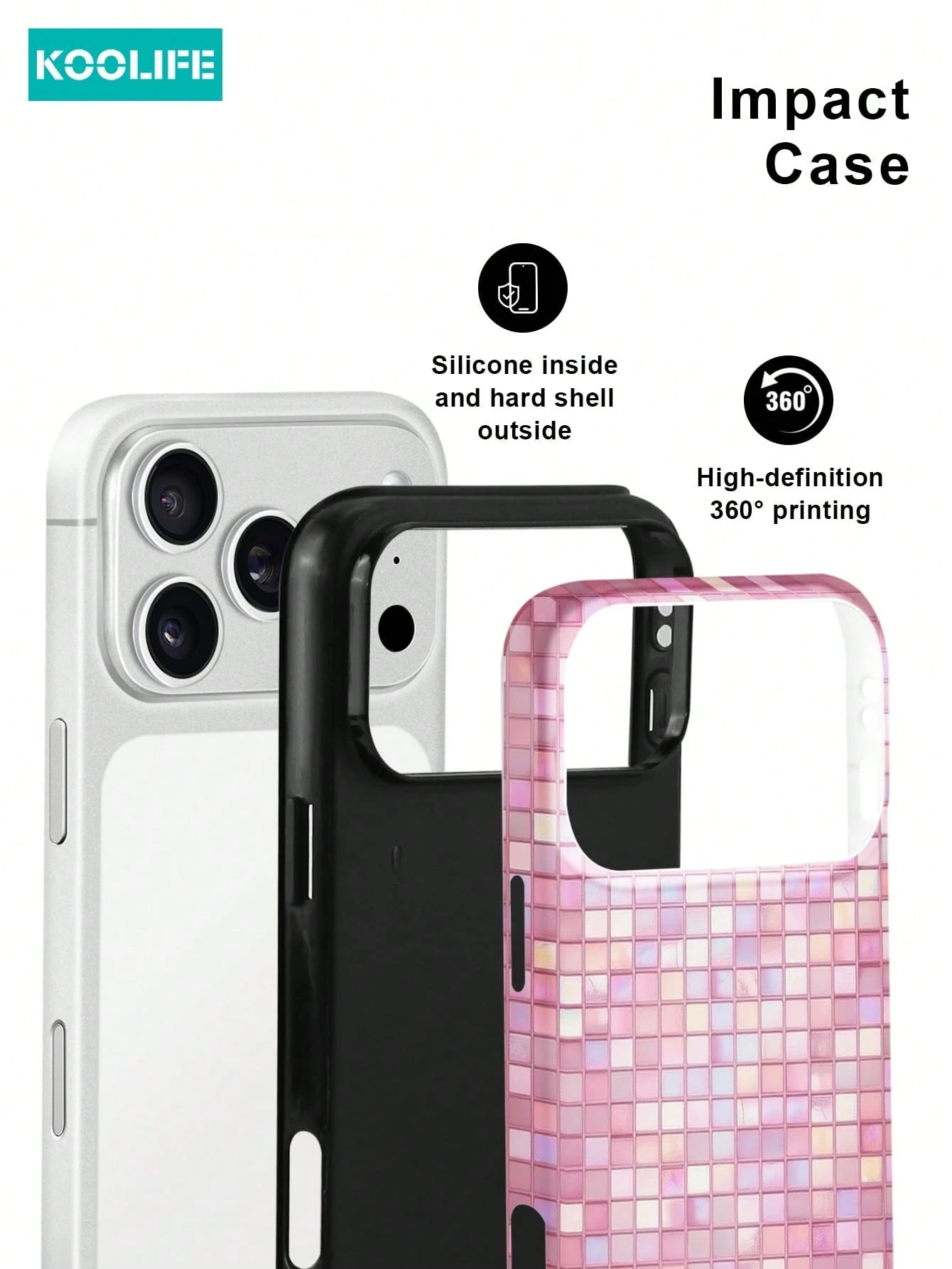 Koolife 1pc Pink Colorful Mosaic Grid Phone Case, 2-In-1 Phone Case, PC+TPU Material, Glossy Hard Shell, Glitter Tile Pattern Anti-Scratch Anti-Drop Protective Cover, For Phone18pro/18pro Max/17/17pro