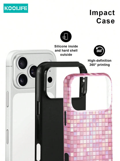 Koolife 1pc Pink Colorful Mosaic Grid Phone Case, 2-In-1 Phone Case, PC+TPU Material, Glossy Hard Shell, Glitter Tile Pattern Anti-Scratch Anti-Drop Protective Cover, For Phone18pro/18pro Max/17/17pro