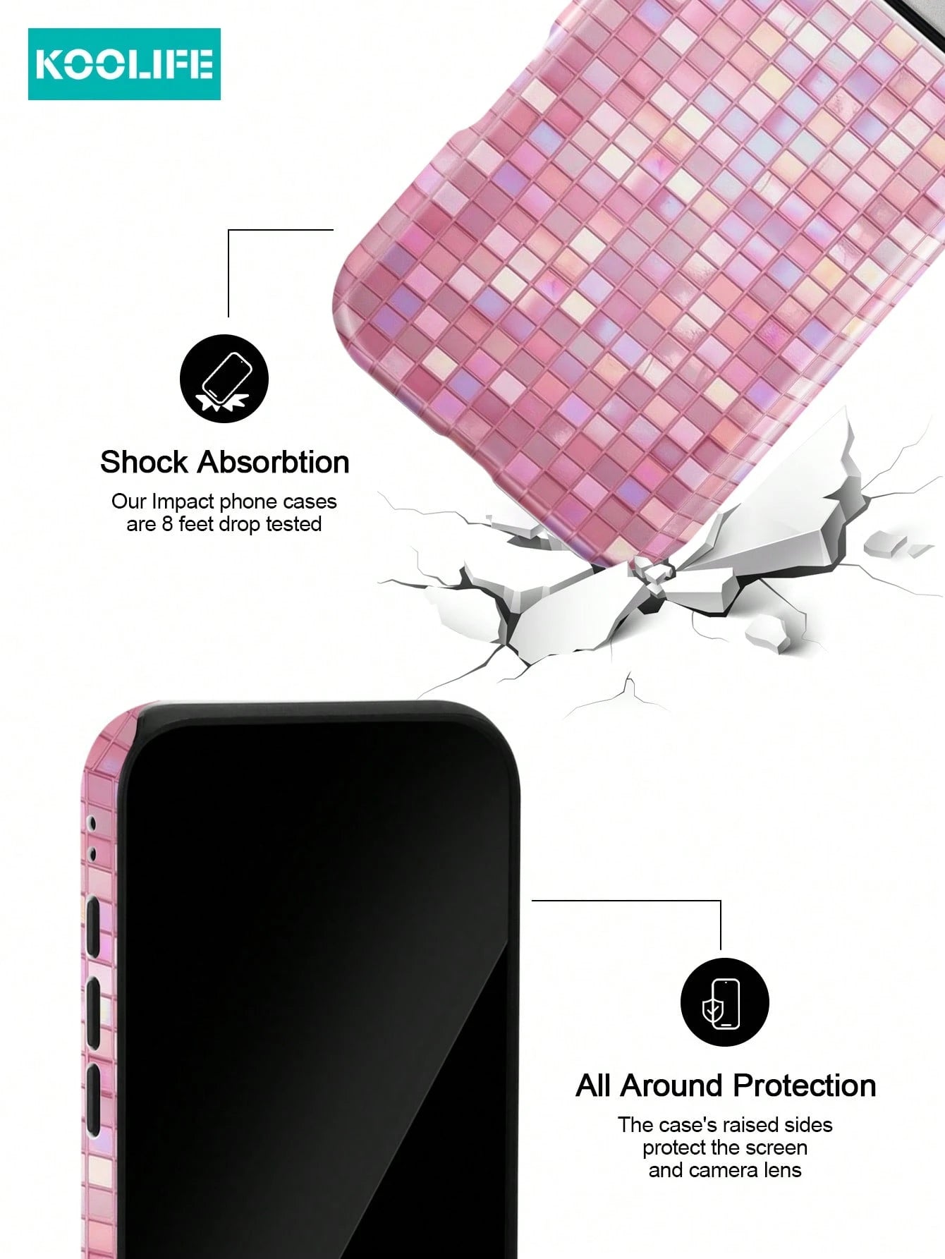 Koolife 1pc Pink Colorful Mosaic Grid Phone Case, 2-In-1 Phone Case, PC+TPU Material, Glossy Hard Shell, Glitter Tile Pattern Anti-Scratch Anti-Drop Protective Cover, For Phone18pro/18pro Max/17/17pro